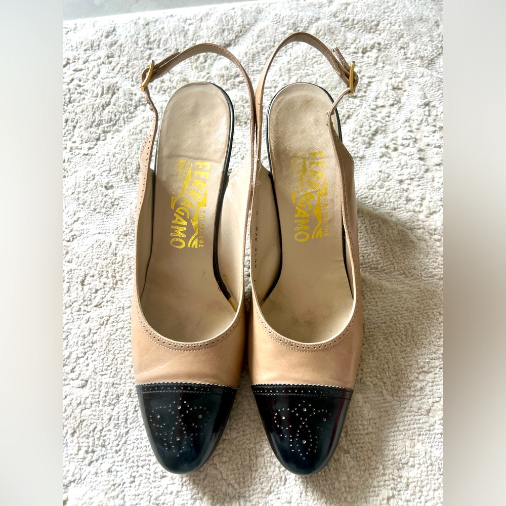 Ferragamo Cap Toe sling back heels.